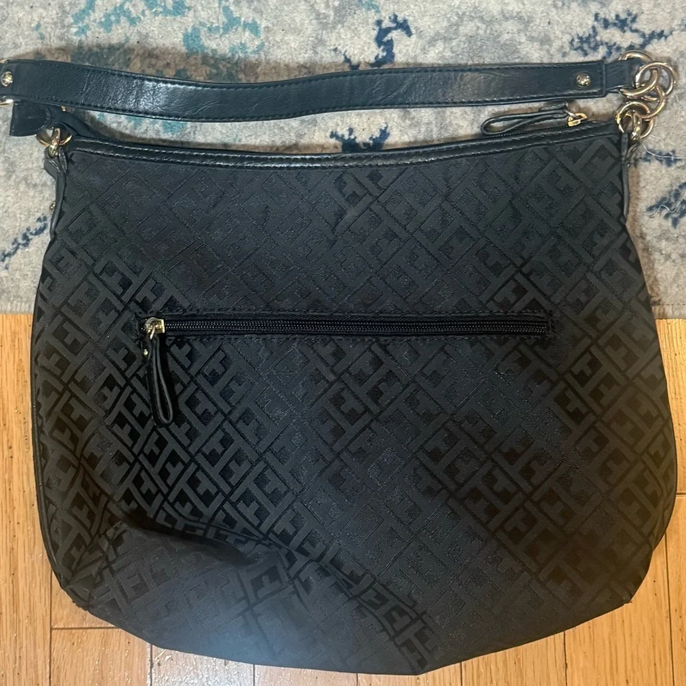Tommy Hilfiger Black Patterned Hobo Bag Logo textured jacquard city chic neutral